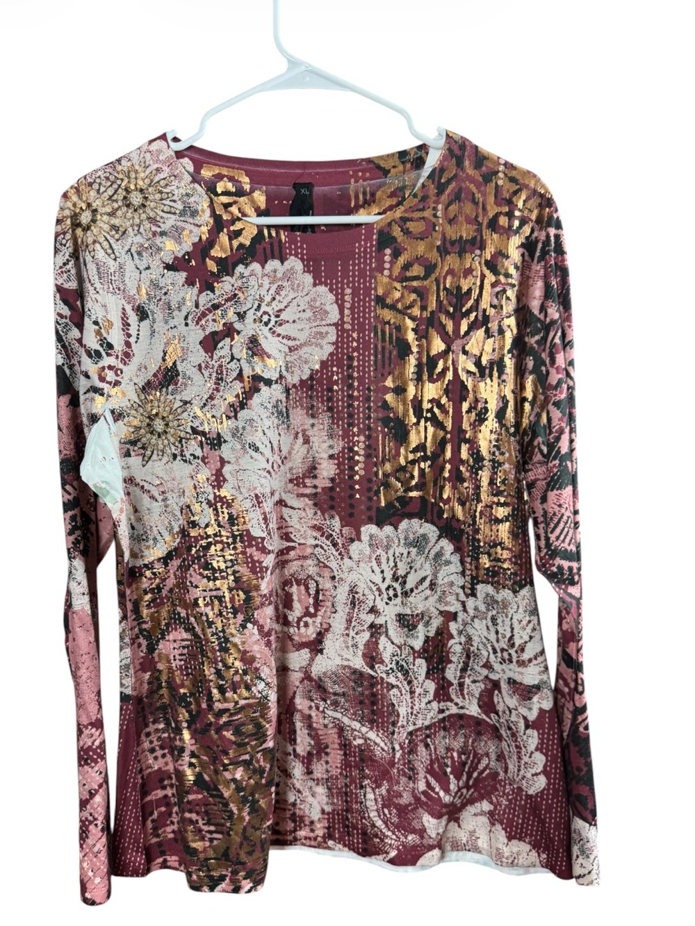 Sevens 7 Floral Mixed Media Long Sleeve Top Gold Accents Size XL